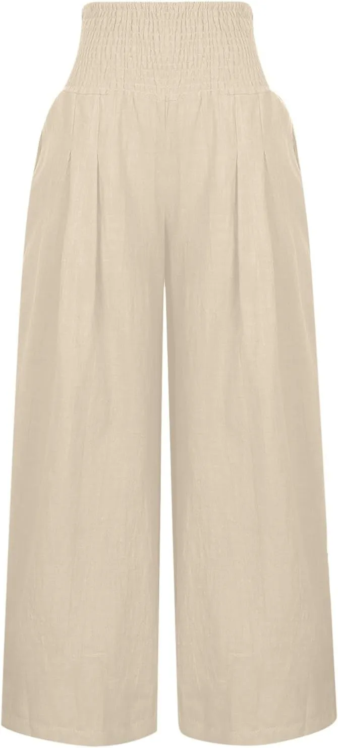 Palazzo Pants for Women Elastic High Waisted Linen Pants Casual Wide Leg Lounge Pants Summer Trousers with Pockets