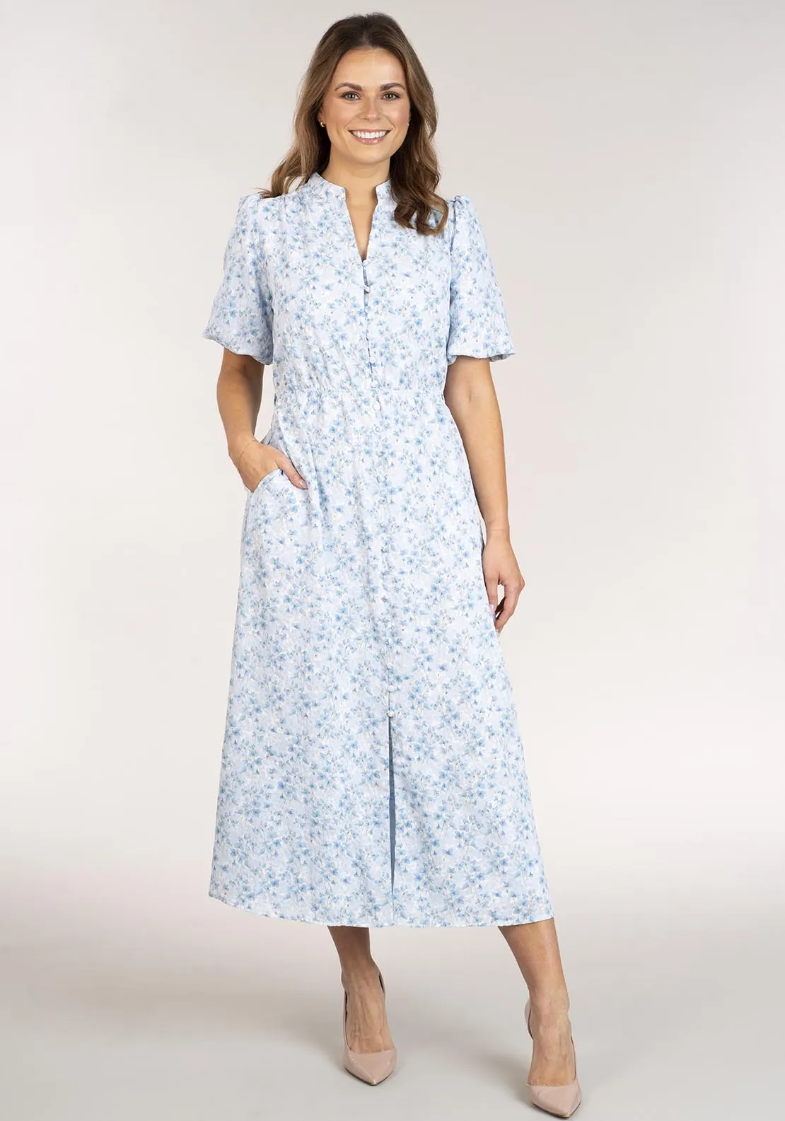 Printed Dress With Buttons - Blue