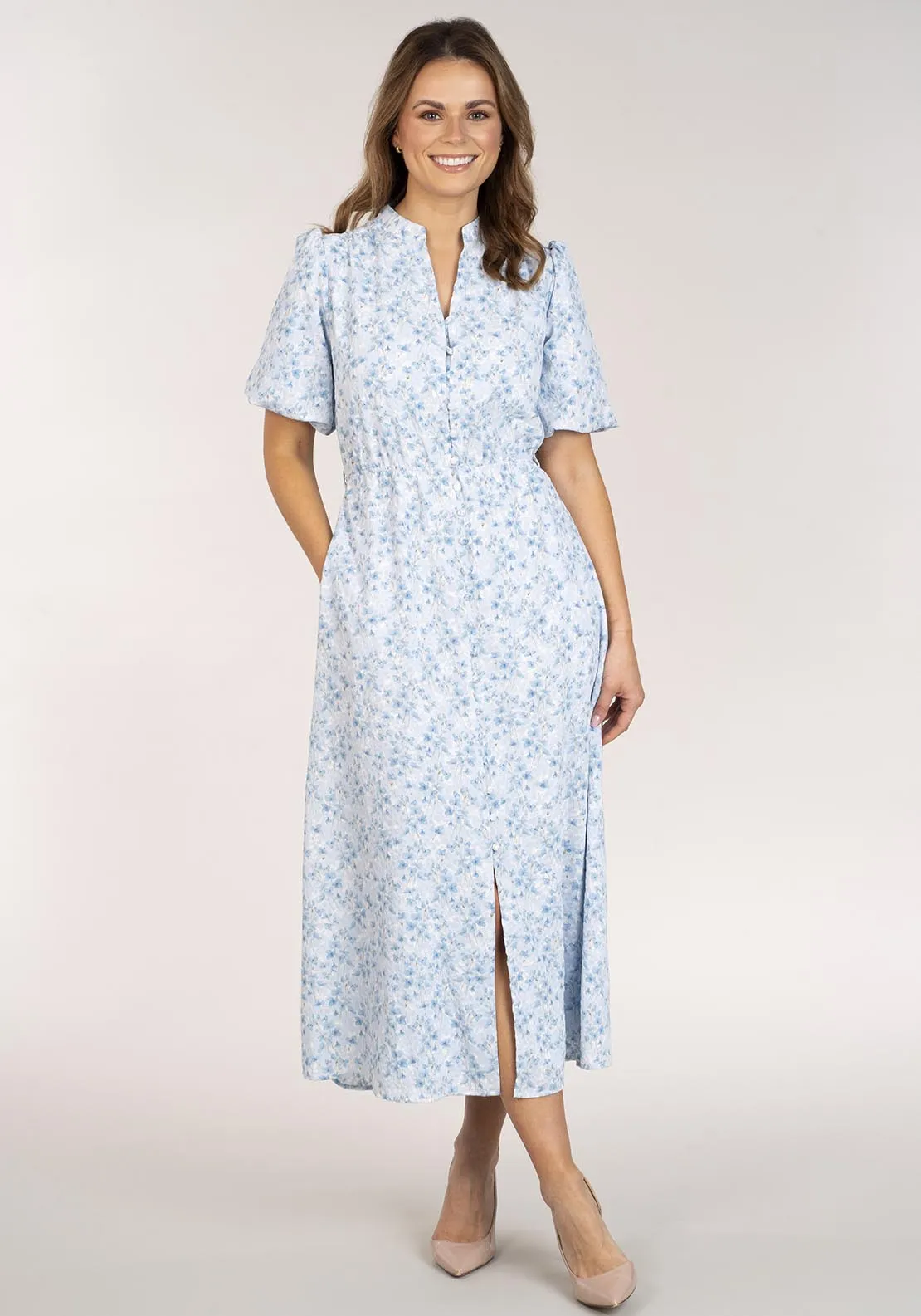 Printed Dress With Buttons - Blue