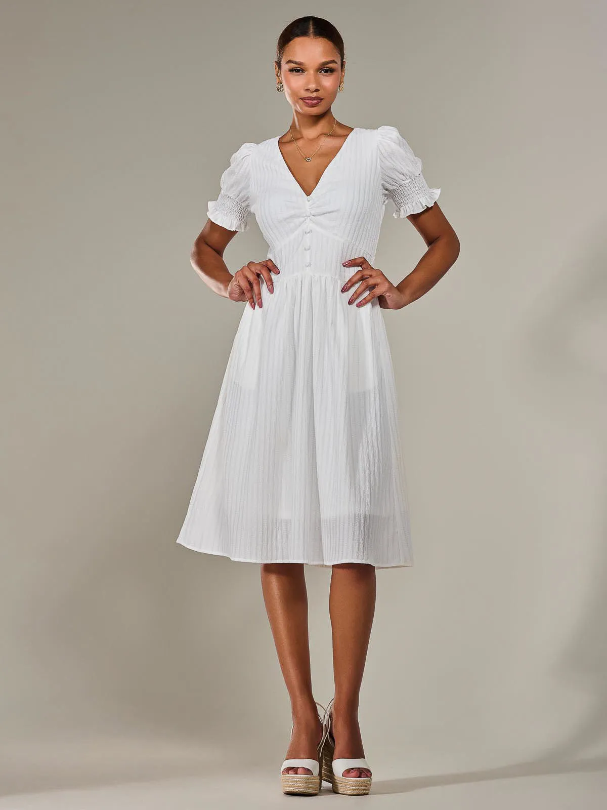 Puff Sleeve Midi Dress, White
