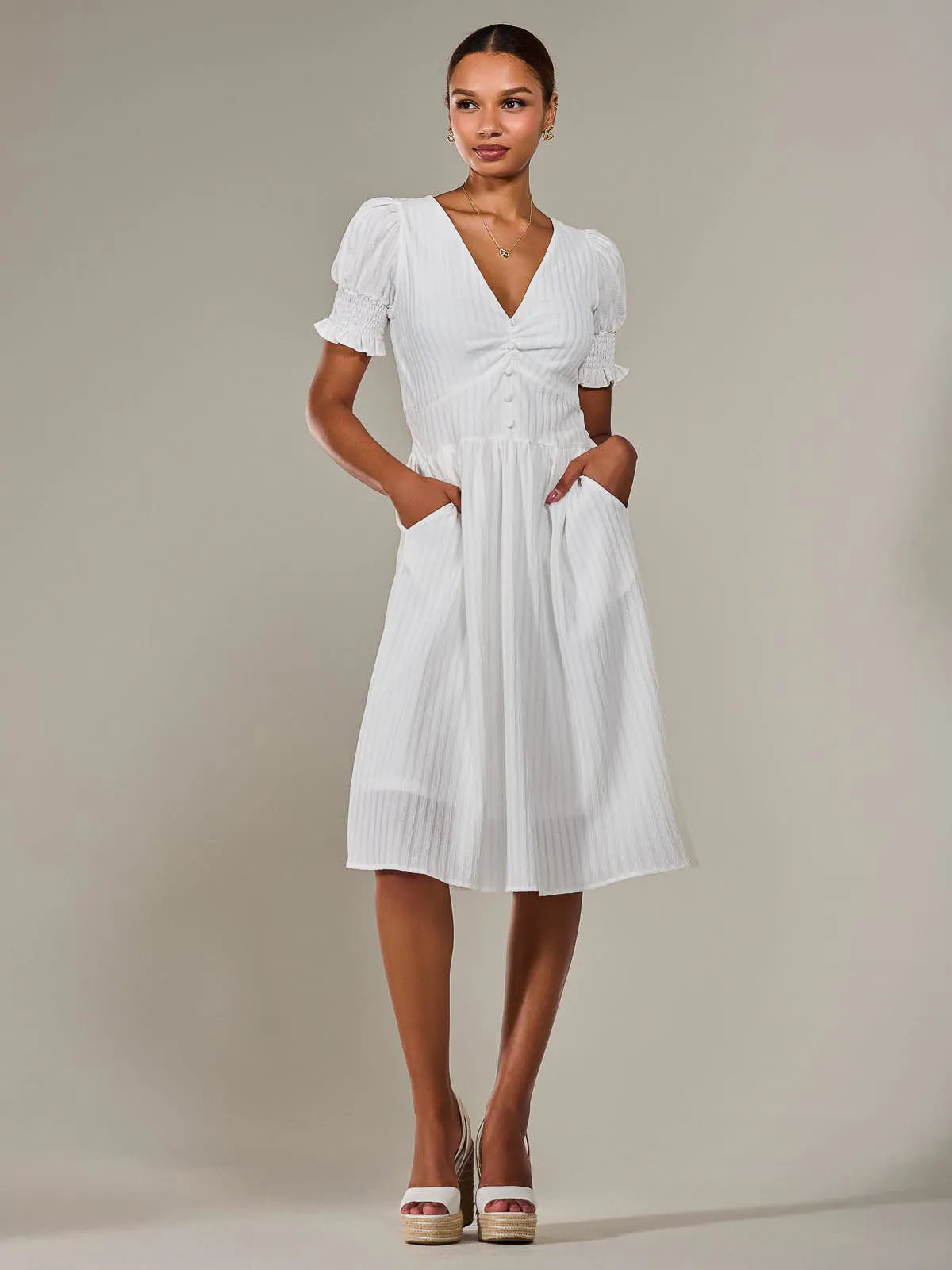 Puff Sleeve Midi Dress, White