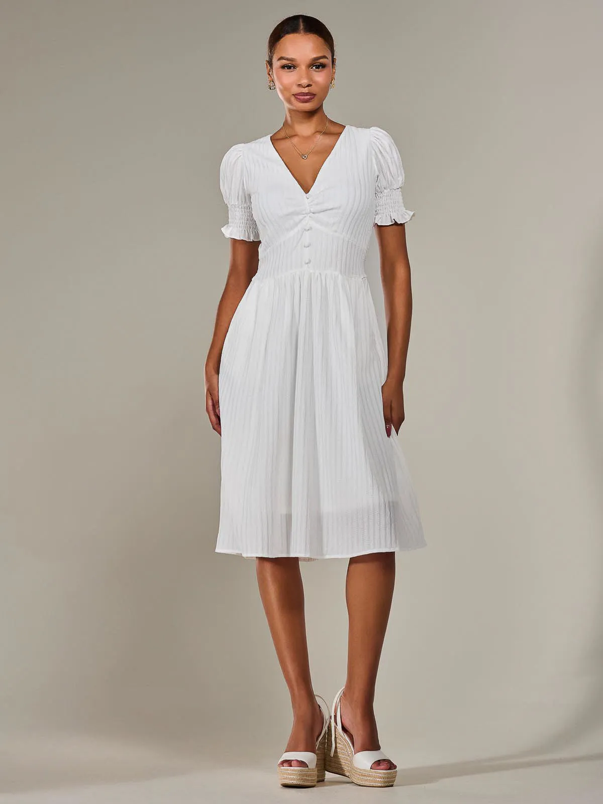 Puff Sleeve Midi Dress, White
