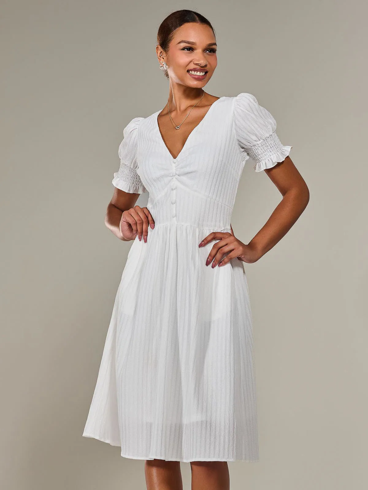 Puff Sleeve Midi Dress, White