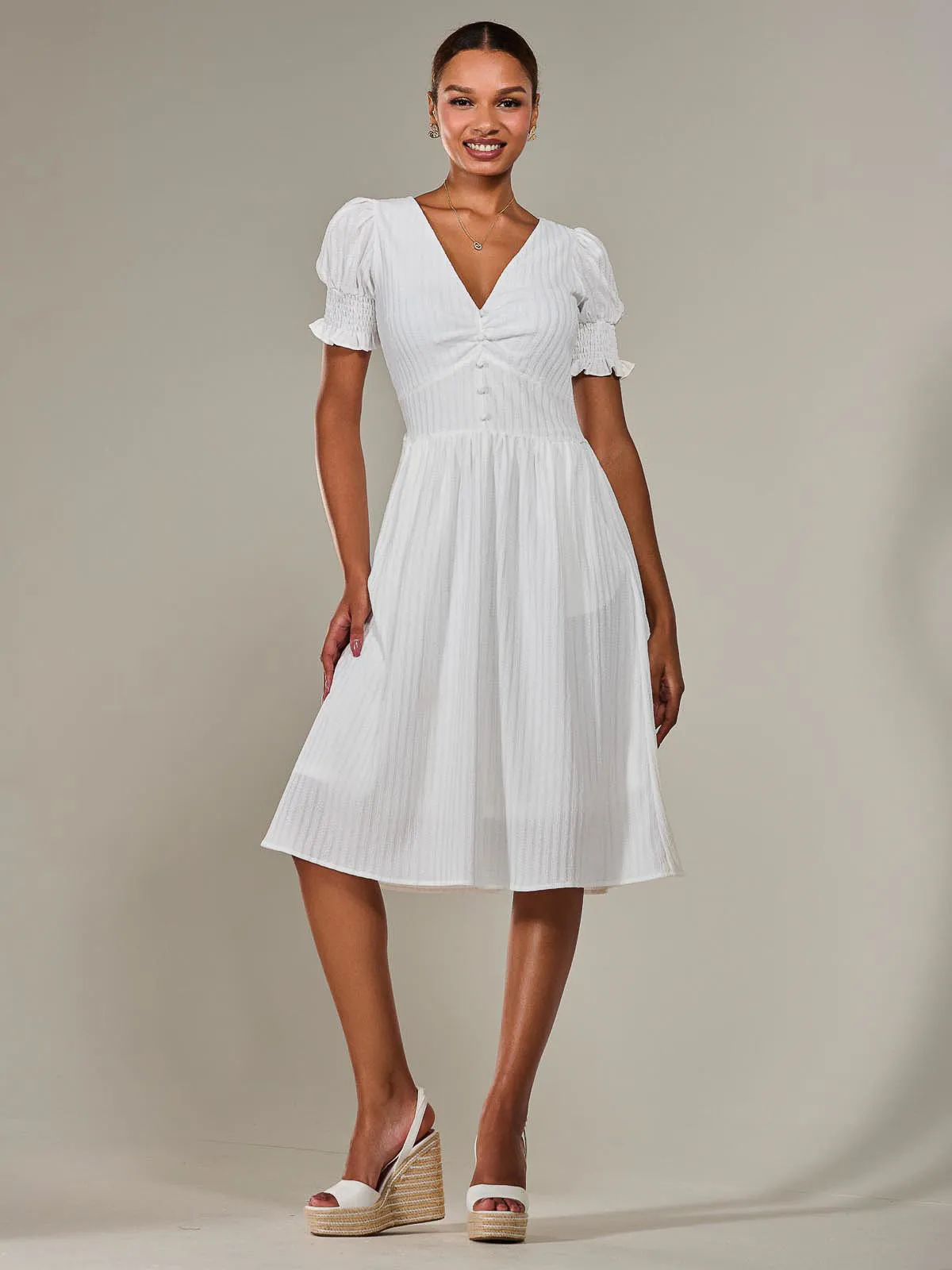 Puff Sleeve Midi Dress, White