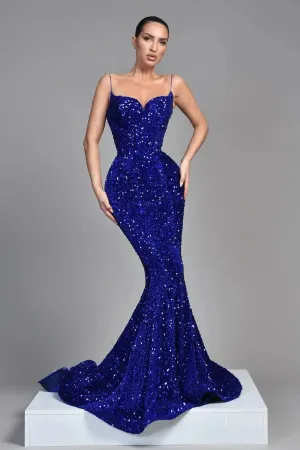 Royal Blue Sequin Mermaid Prom Dresses 2025 with Spaghetti Strap & Lace Up Back – FD5061