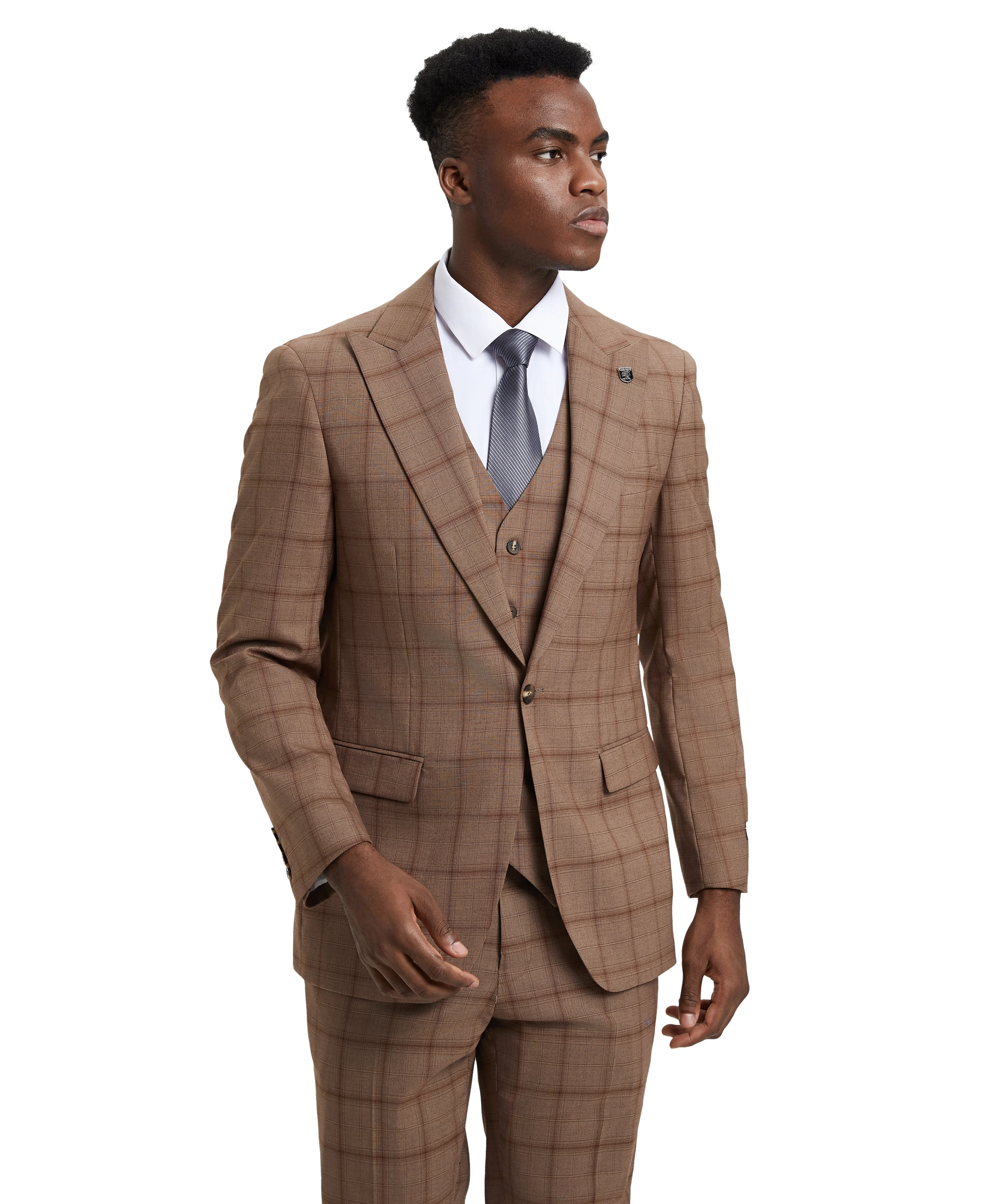 Stacy Adams Hybrid Fit Vested Suit, Windowpane brown
