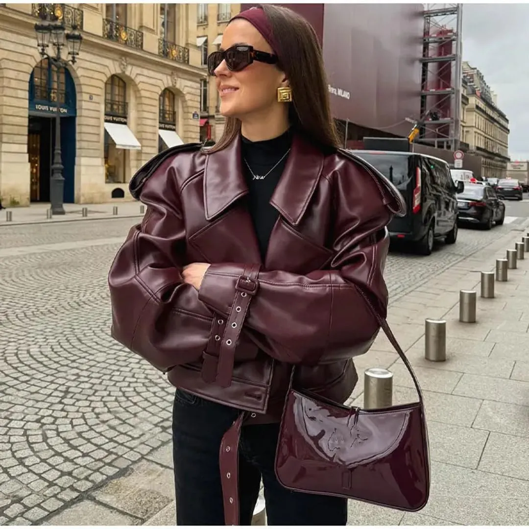 THLAI Womens PU Leather Jacket Long Sleeve Retro Collar Motorcycle Jacket Casual Coat