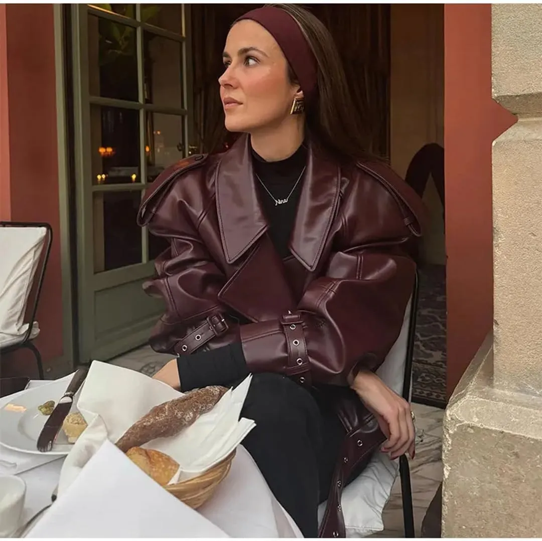 THLAI Womens PU Leather Jacket Long Sleeve Retro Collar Motorcycle Jacket Casual Coat