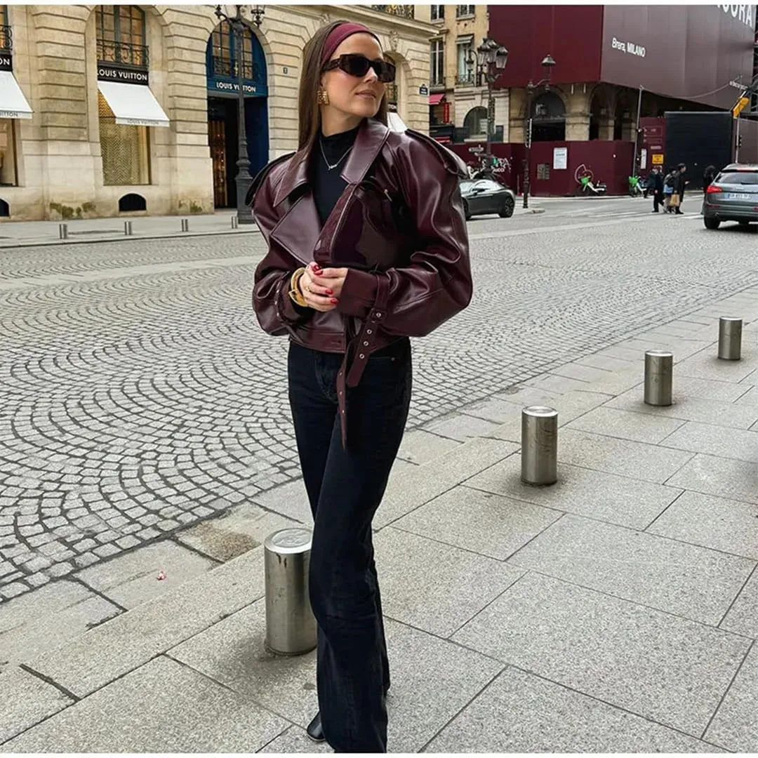 THLAI Womens PU Leather Jacket Long Sleeve Retro Collar Motorcycle Jacket Casual Coat