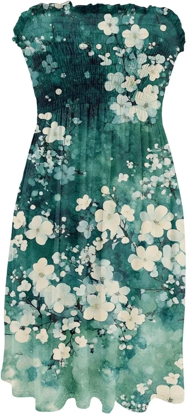 Tube Dresses for Women Summer Strapless Floral Print Ruffled Off The Shoulder Dresses Flowy Beach Swimsuit Cover Ups