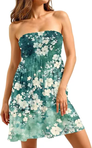 Tube Dresses for Women Summer Strapless Floral Print Ruffled Off The Shoulder Dresses Flowy Beach Swimsuit Cover Ups