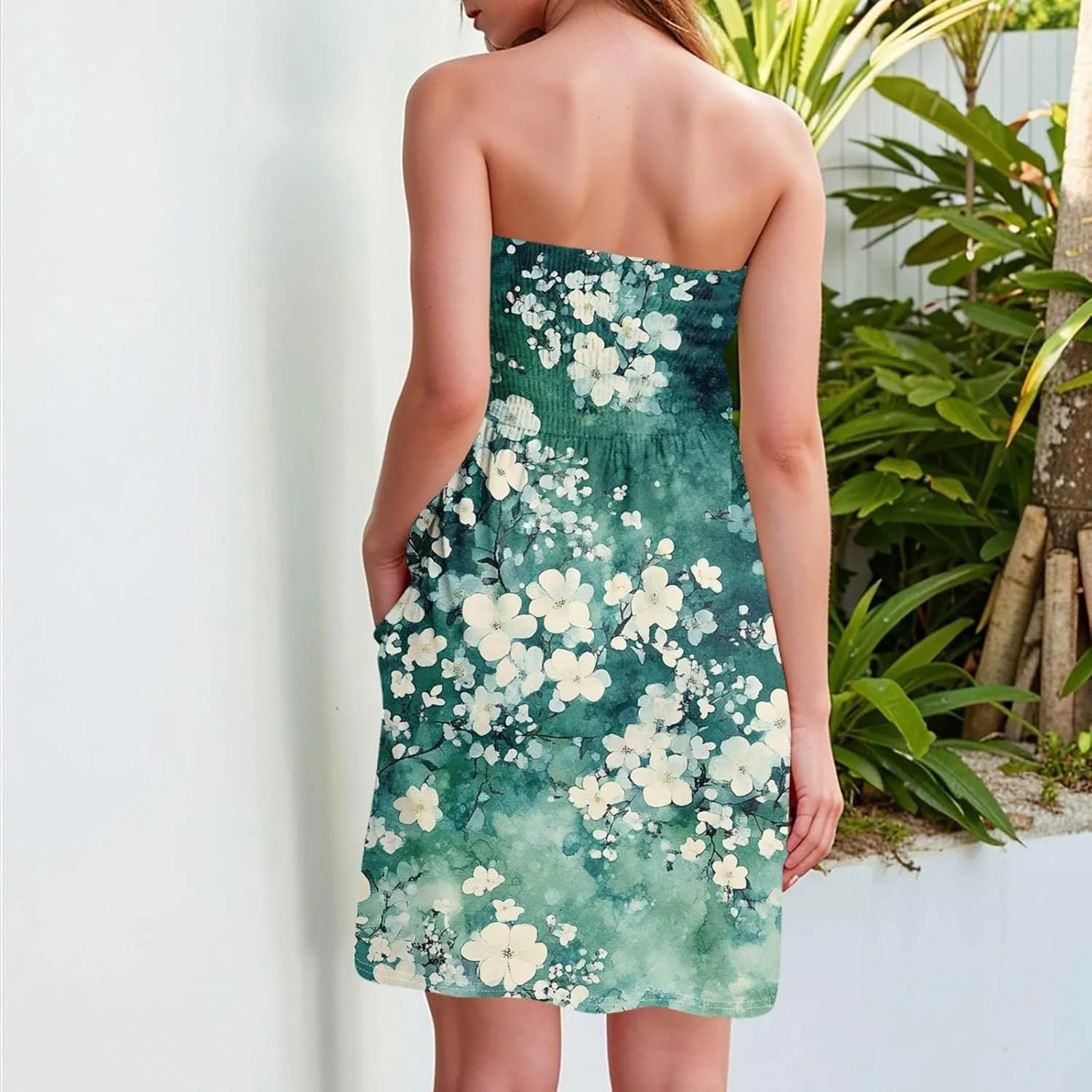 Tube Dresses for Women Summer Strapless Floral Print Ruffled Off The Shoulder Dresses Flowy Beach Swimsuit Cover Ups