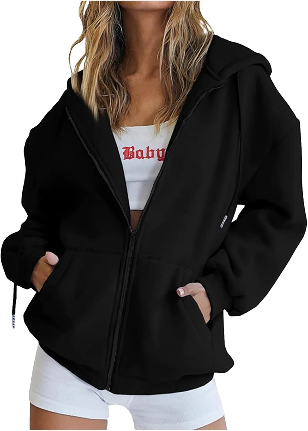 Women Full Zip Up Oversized Hoodie Solid Color Sweatshirt Long Sleeve Sweater Trendy Teen Girls Clothing 2024
