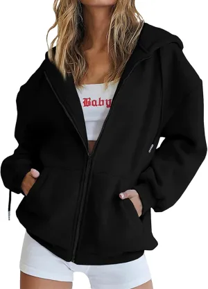 Women Full Zip Up Oversized Hoodie Solid Color Sweatshirt Long Sleeve Sweater Trendy Teen Girls Clothing 2024