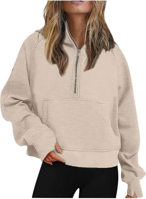 Women Half Zip Hoodies Pullover Long Sleeve Solid Corded Sweatshirt Oversized Casual Trendy Fall Outfit with Kangaroo Pocket