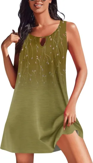 Womens Casual Crew Neck Tank Dresses Floral Hawaiian Beach 2025 Spring Summer Sundress Vacation Sleeveless Dress