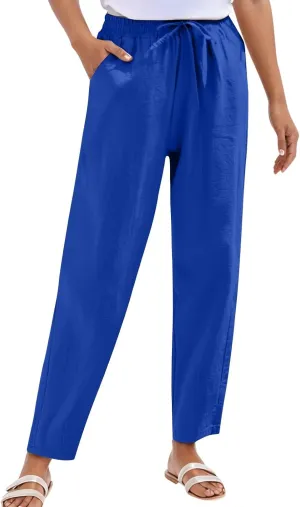 Women's Cotton Linen Straight Leg Pants Lightweight Elastic Waist Drawstring Casual Trousers with Pockets Summer
