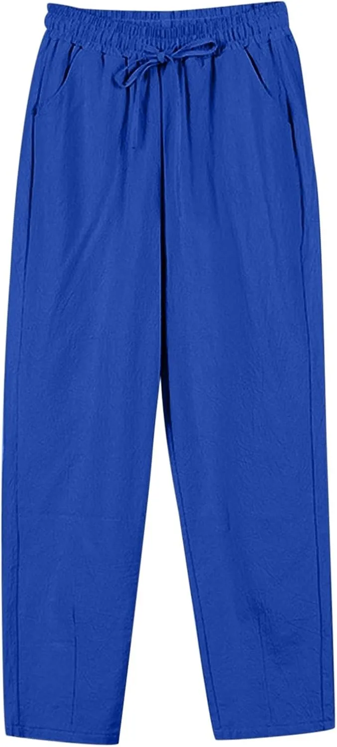 Women's Cotton Linen Straight Leg Pants Lightweight Elastic Waist Drawstring Casual Trousers with Pockets Summer