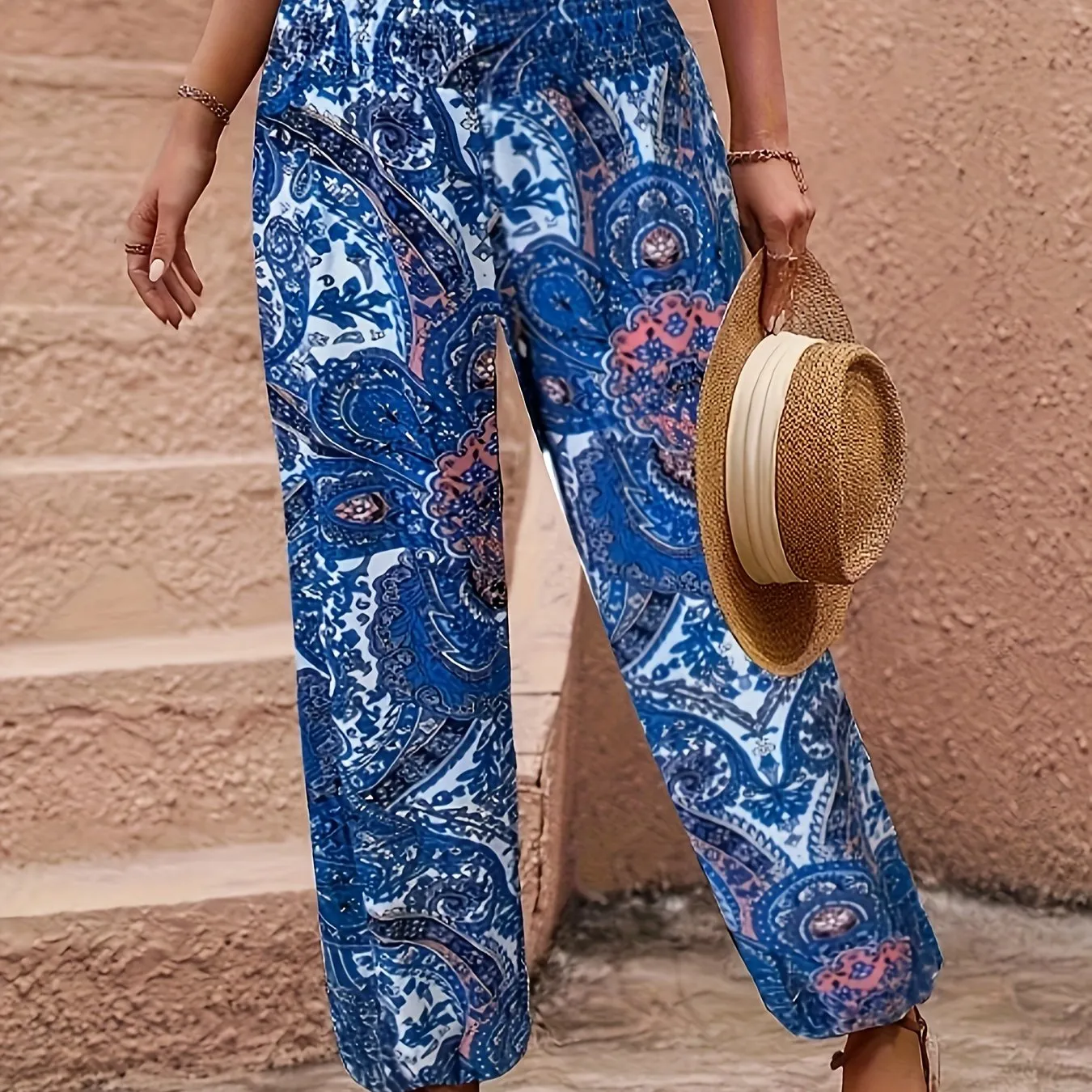 Women's High Waist Shirred Pants - Plant Print, Casual, Comfortable, Spring and Summer Essential, Elastic Waistband, Relaxed Fit