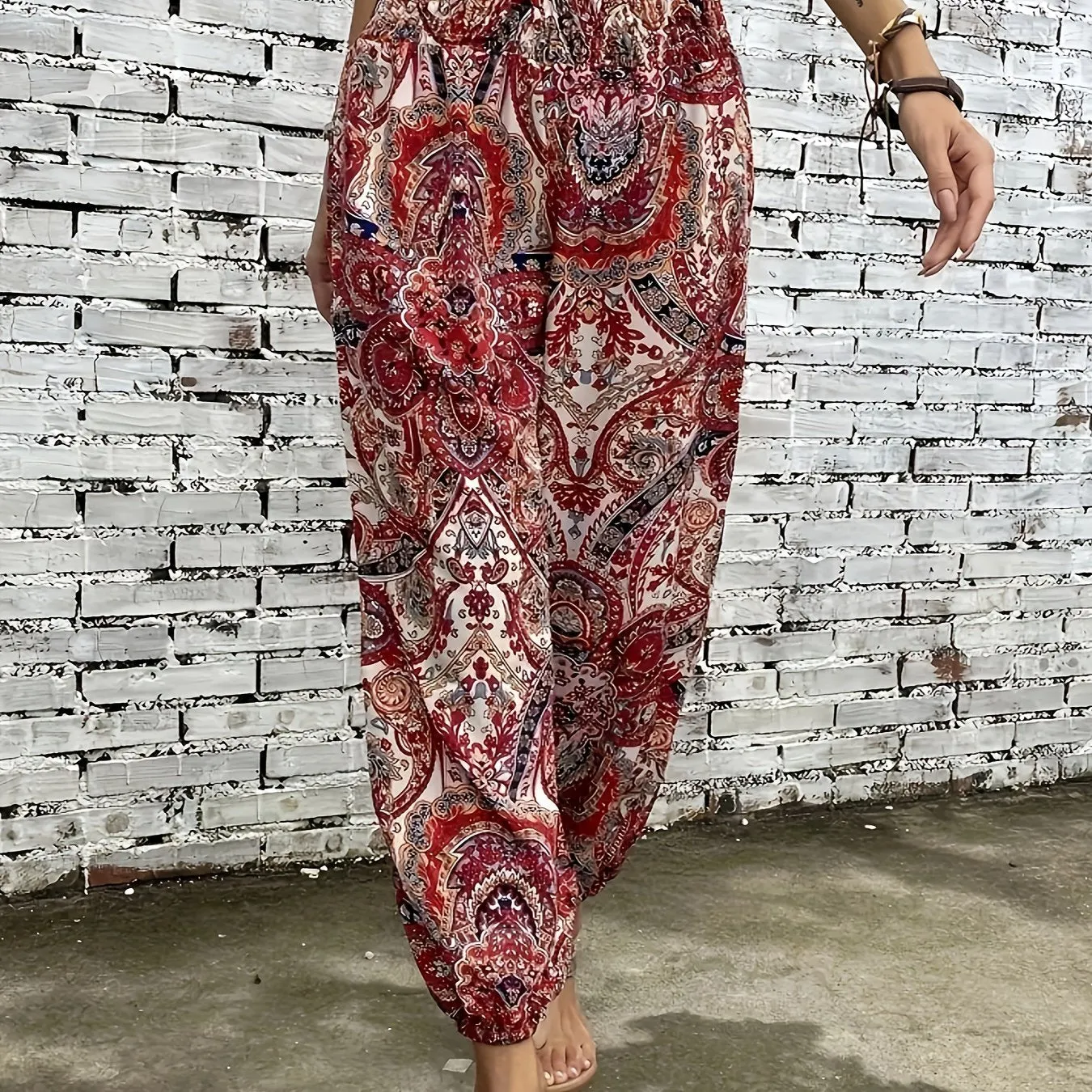 Women's High Waist Shirred Pants - Plant Print, Casual, Comfortable, Spring and Summer Essential, Elastic Waistband, Relaxed Fit