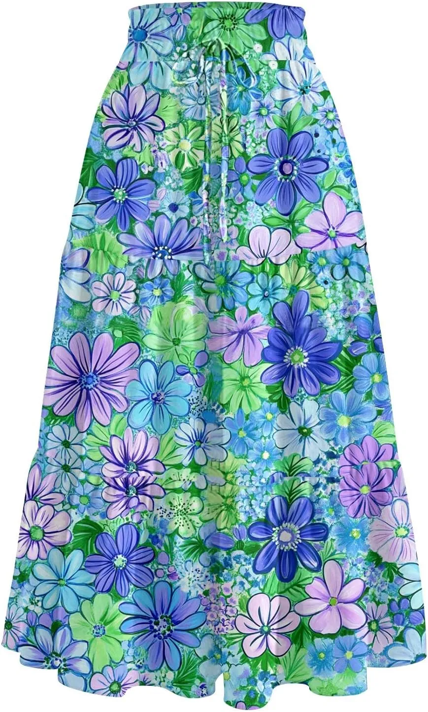 Women's Midi Boho Floral Tiered Skirts Trendy Drawstring High Elastic Waist A Line Skirt Comfy Flowy Skorts with Pockets