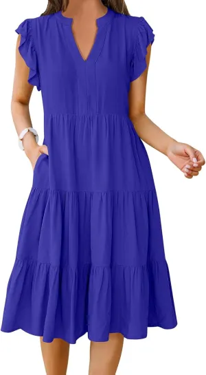 Womens Midi Dress Casual Summer Ruffle Sleeve V Neck Trendy Tiered Flowy Boho Dresses 2025 Vacation Sundress