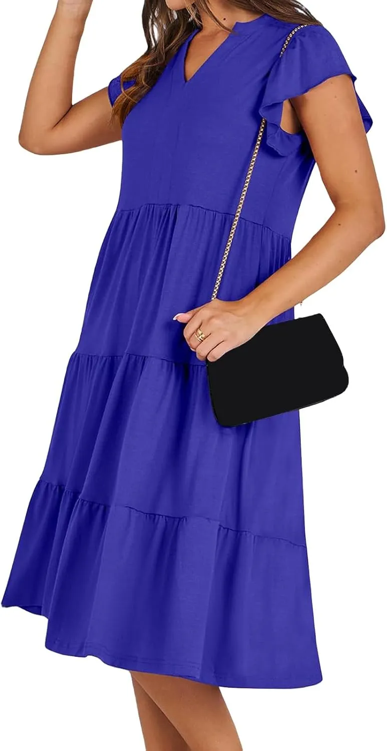 Womens Midi Dress Casual Summer Ruffle Sleeve V Neck Trendy Tiered Flowy Boho Dresses 2025 Vacation Sundress