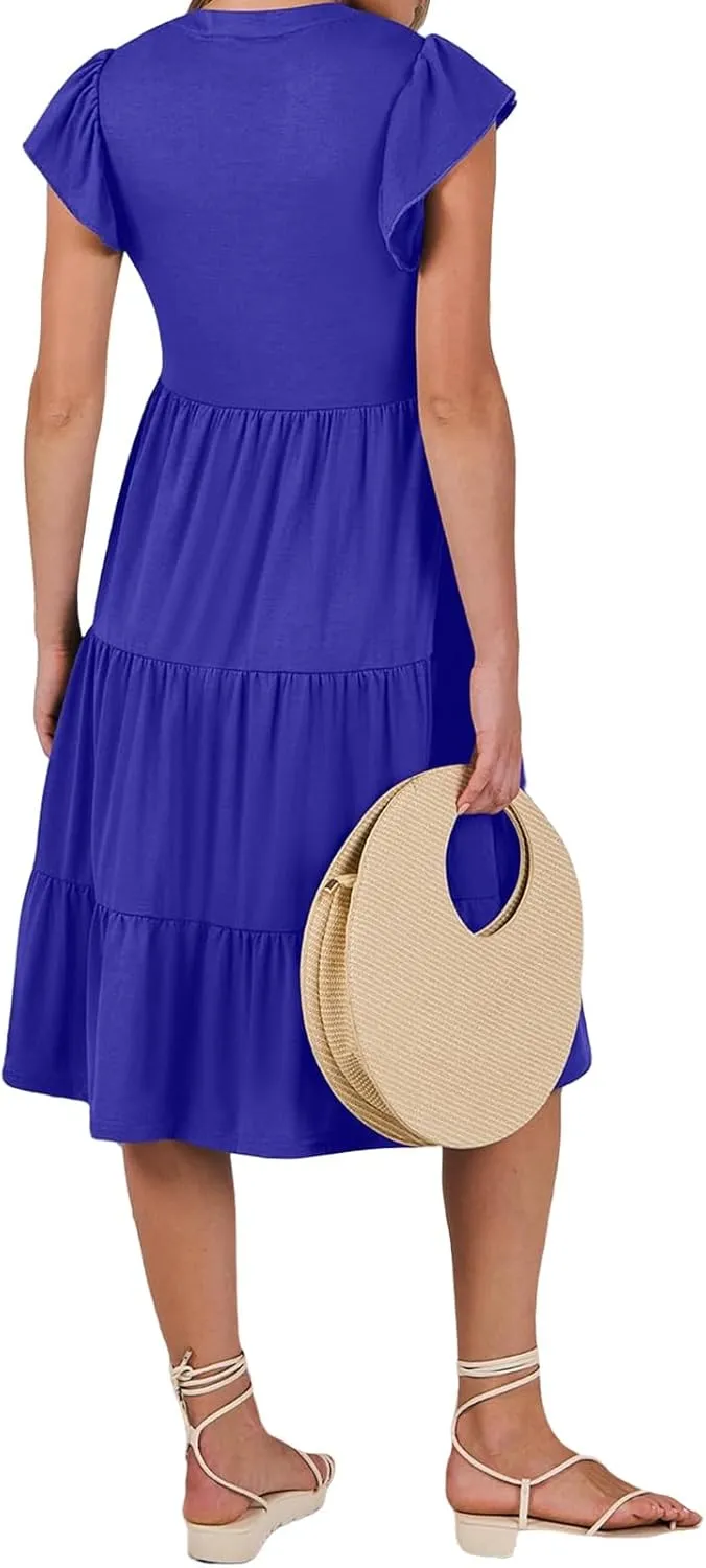 Womens Midi Dress Casual Summer Ruffle Sleeve V Neck Trendy Tiered Flowy Boho Dresses 2025 Vacation Sundress