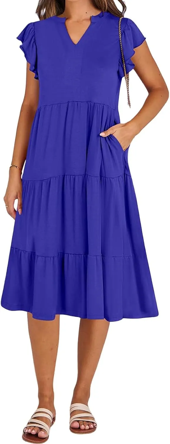 Womens Midi Dress Casual Summer Ruffle Sleeve V Neck Trendy Tiered Flowy Boho Dresses 2025 Vacation Sundress