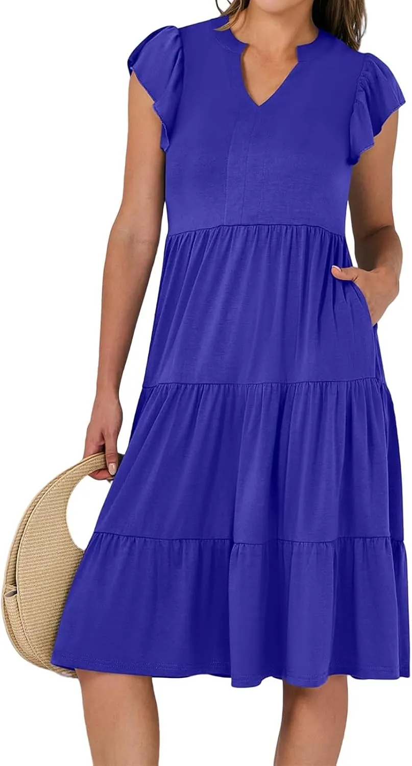Womens Midi Dress Casual Summer Ruffle Sleeve V Neck Trendy Tiered Flowy Boho Dresses 2025 Vacation Sundress