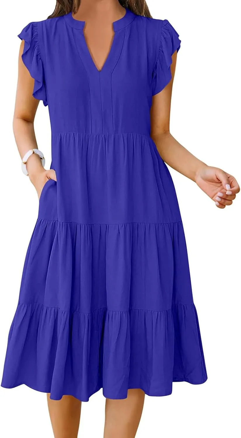 Womens Midi Dress Casual Summer Ruffle Sleeve V Neck Trendy Tiered Flowy Boho Dresses 2025 Vacation Sundress