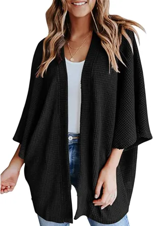 Womens Oversized Waffle Knit Sweater 3/4 Batwing Sleeve Cardigan Casual Open Front Tops Solid Colors