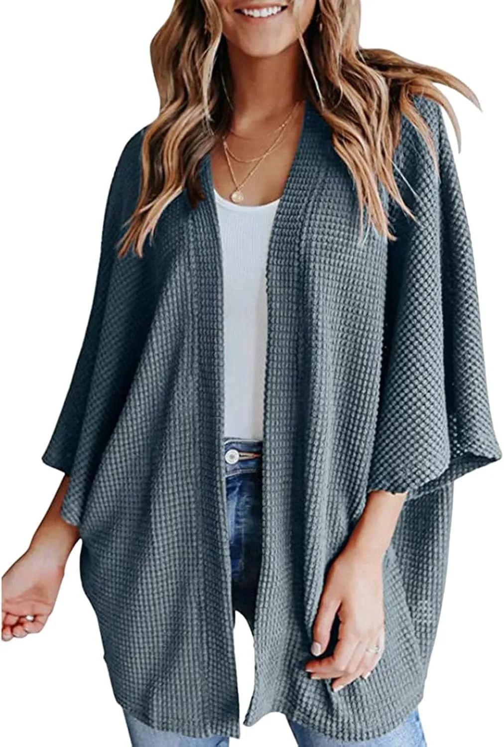 Womens Oversized Waffle Knit Sweater 3/4 Batwing Sleeve Cardigan Casual Open Front Tops Solid Colors