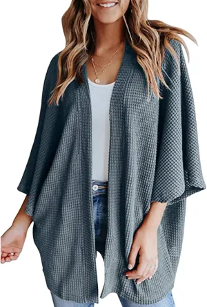 Womens Oversized Waffle Knit Sweater 3/4 Batwing Sleeve Cardigan Casual Open Front Tops Solid Colors