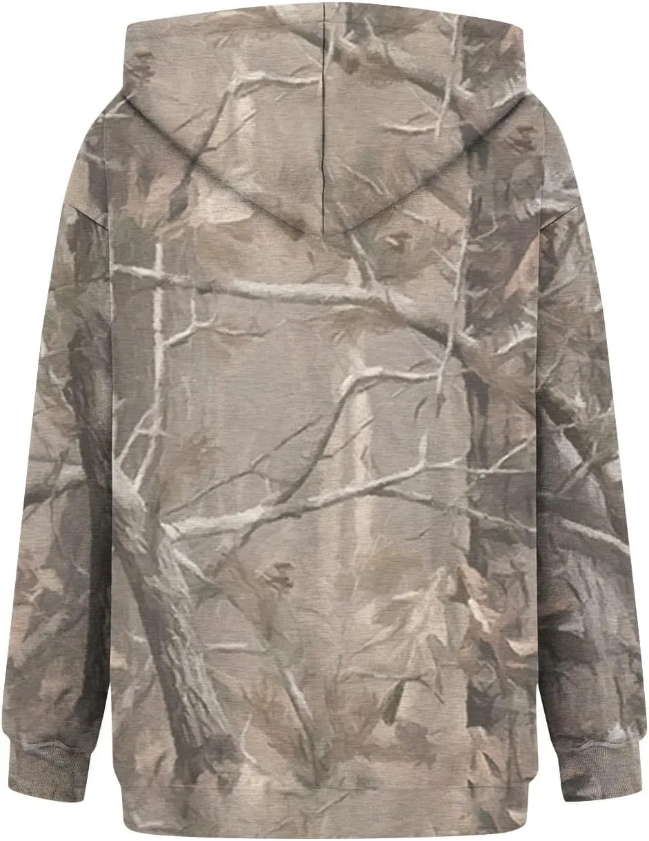 ZWRXW Women's Camo Hoodie Maple Leaf Print Oversized Sweatshirt Pullover Hooded Sweatshirt Long Sleeve Camouflage Hoodie