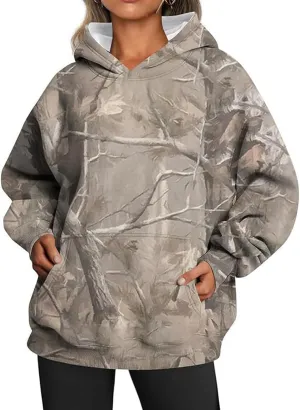 ZWRXW Women's Camo Hoodie Maple Leaf Print Oversized Sweatshirt Pullover Hooded Sweatshirt Long Sleeve Camouflage Hoodie