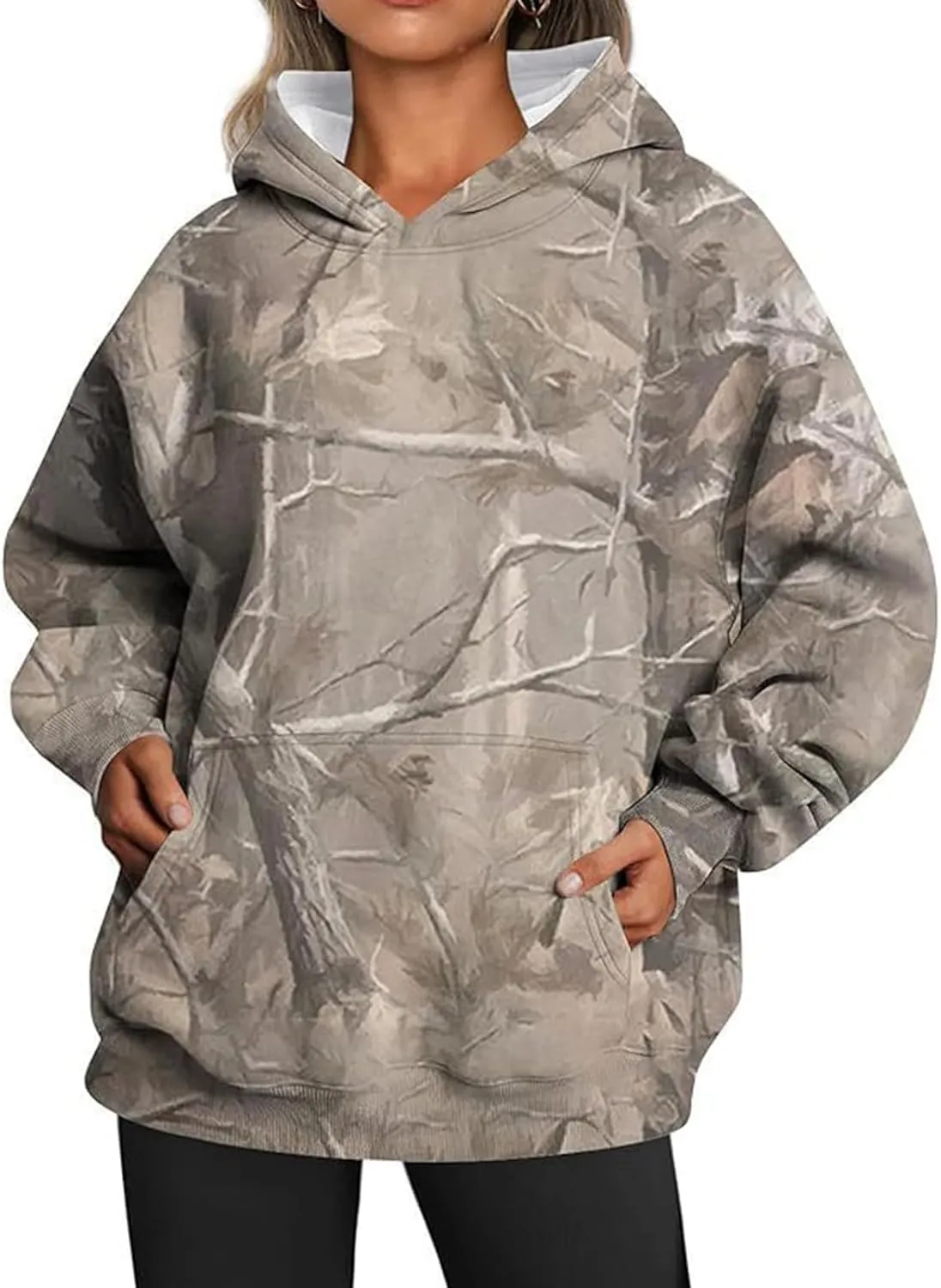 ZWRXW Women's Camo Hoodie Maple Leaf Print Oversized Sweatshirt Pullover Hooded Sweatshirt Long Sleeve Camouflage Hoodie