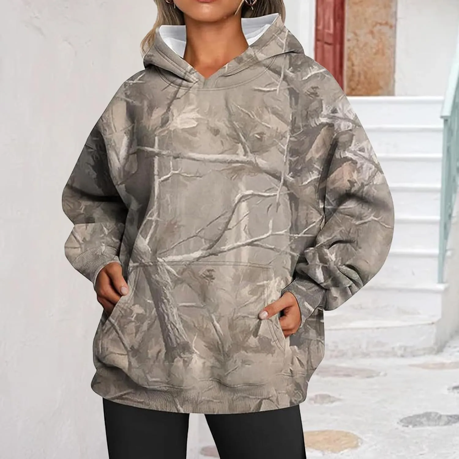 ZWRXW Women's Camo Hoodie Maple Leaf Print Oversized Sweatshirt Pullover Hooded Sweatshirt Long Sleeve Camouflage Hoodie