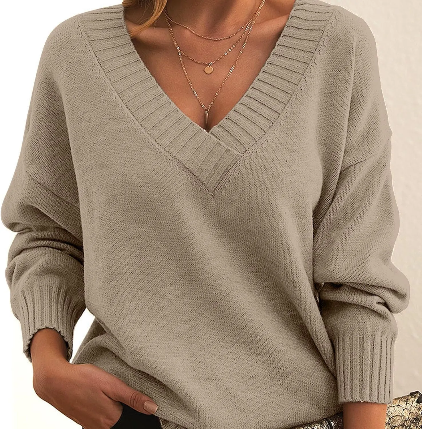 ZWRXW Women's Oversized Sweaters Sexy V Neck Long Sleeve Solid Jumper Cable Knit Loose Fit Pullover Fall Fashion Tops