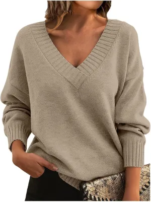 ZWRXW Women's Oversized Sweaters Sexy V Neck Long Sleeve Solid Jumper Cable Knit Loose Fit Pullover Fall Fashion Tops